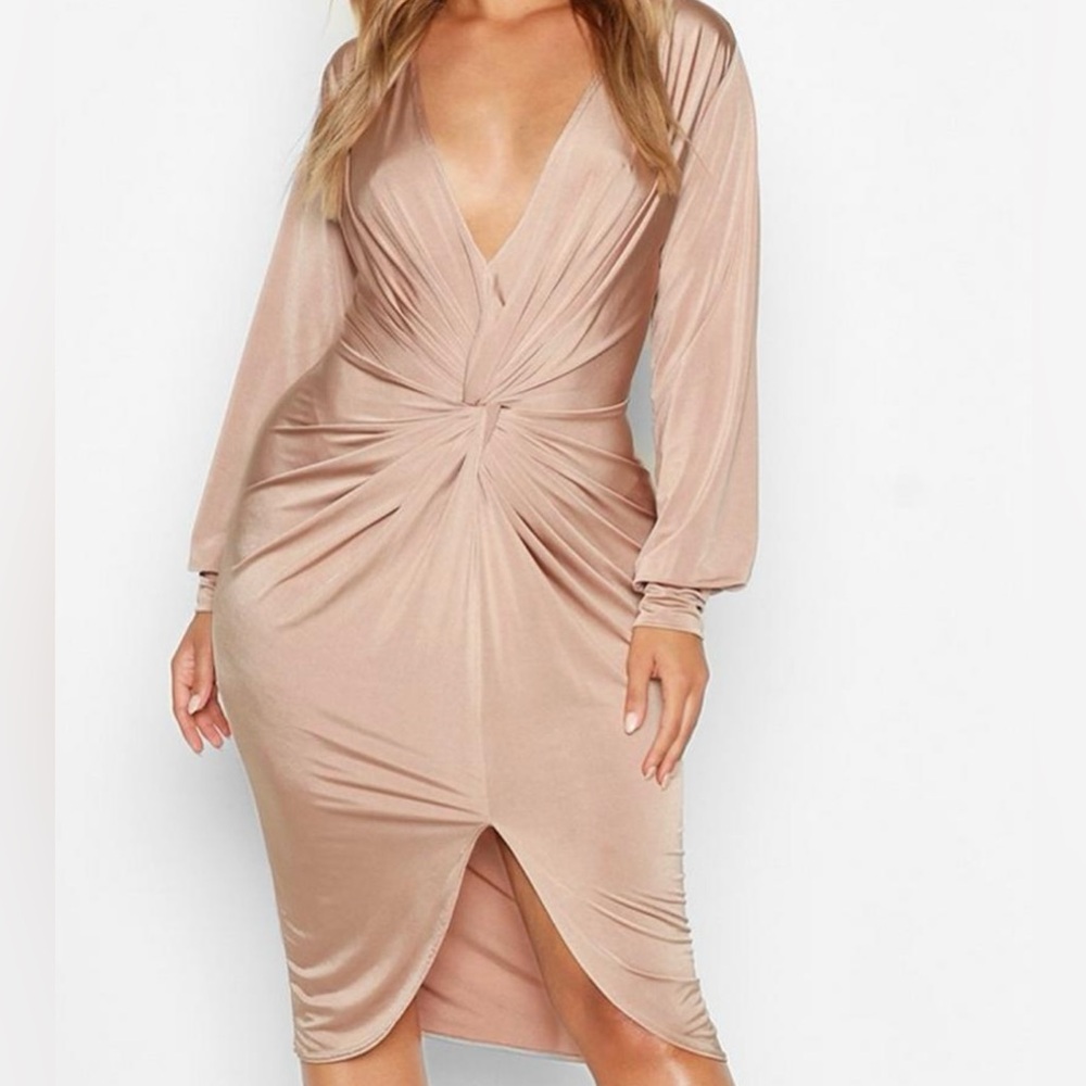 Boohoo Pink Ruched Wrap Midi Dress with Plunge Neckline